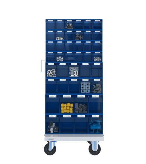 CARRELLO PORTAMINUTERIE con 84 contenitori basculanti trasparenti