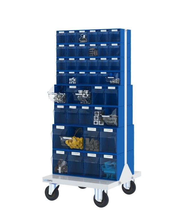 CARRELLO PORTAMINUTERIE con 84 contenitori basculanti trasparenti