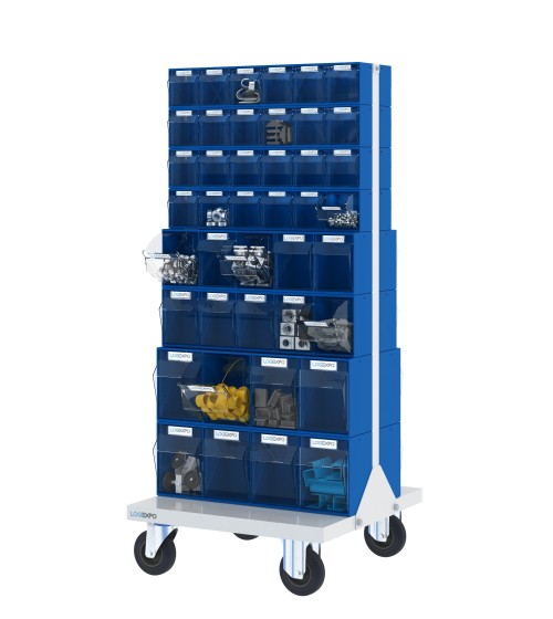 CARRELLO PORTAMINUTERIE con 84 contenitori basculanti trasparenti