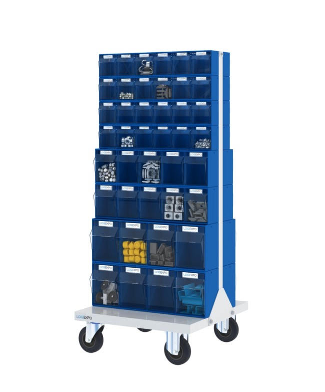 CARRELLO PORTAMINUTERIE con 84 contenitori basculanti trasparenti