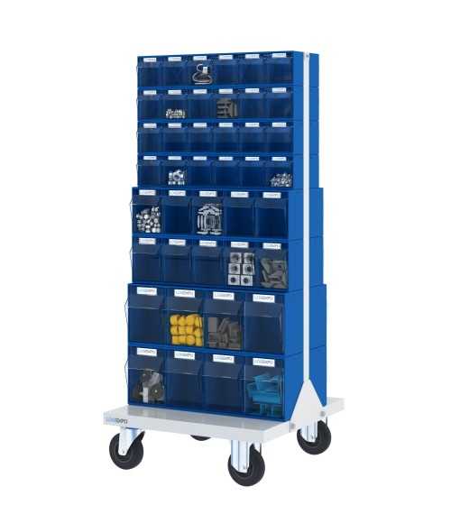 CARRELLO PORTAMINUTERIE con 84 contenitori basculanti trasparenti