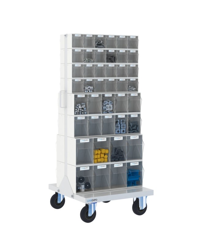 CARRELLO PORTAMINUTERIE con 84 contenitori basculanti trasparenti