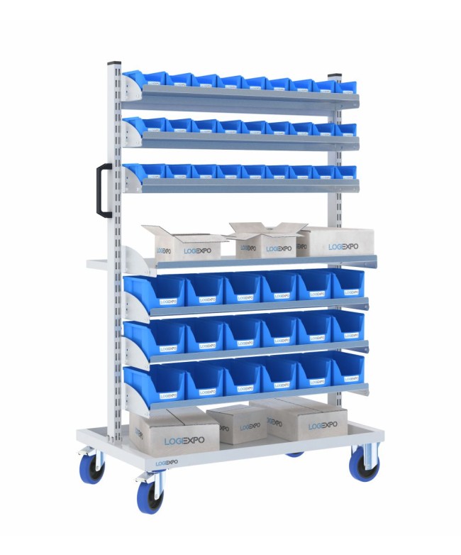 CARRELLO MINUTERIA con 45 cassette bocca di lupo e ripiani inclinabili