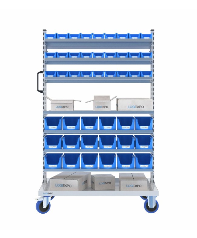 CARRELLO MINUTERIA con 45 cassette bocca di lupo e ripiani inclinabili