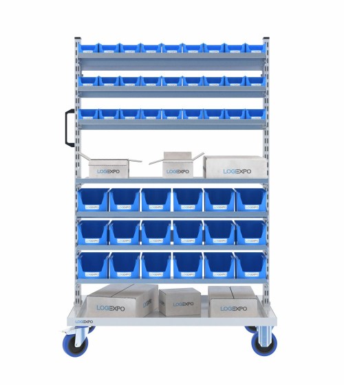 CARRELLO MINUTERIA con 45 cassette bocca di lupo e ripiani inclinabili