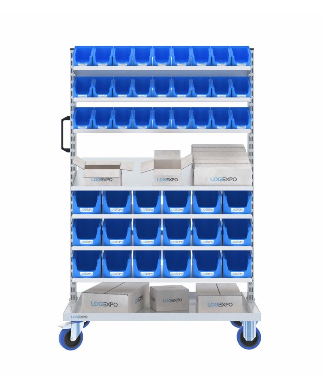 CARRELLO MINUTERIA con 45 cassette bocca di lupo e ripiani inclinabili