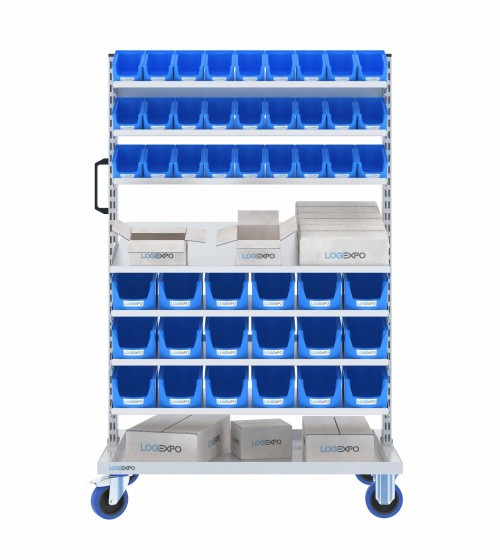 CARRELLO MINUTERIA con 45 cassette bocca di lupo e ripiani inclinabili