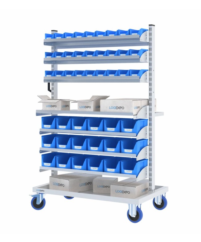 CARRELLO MINUTERIA con 45 cassette bocca di lupo e ripiani inclinabili