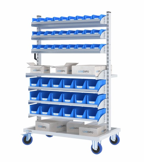 CARRELLO MINUTERIA con 45 cassette bocca di lupo e ripiani inclinabili