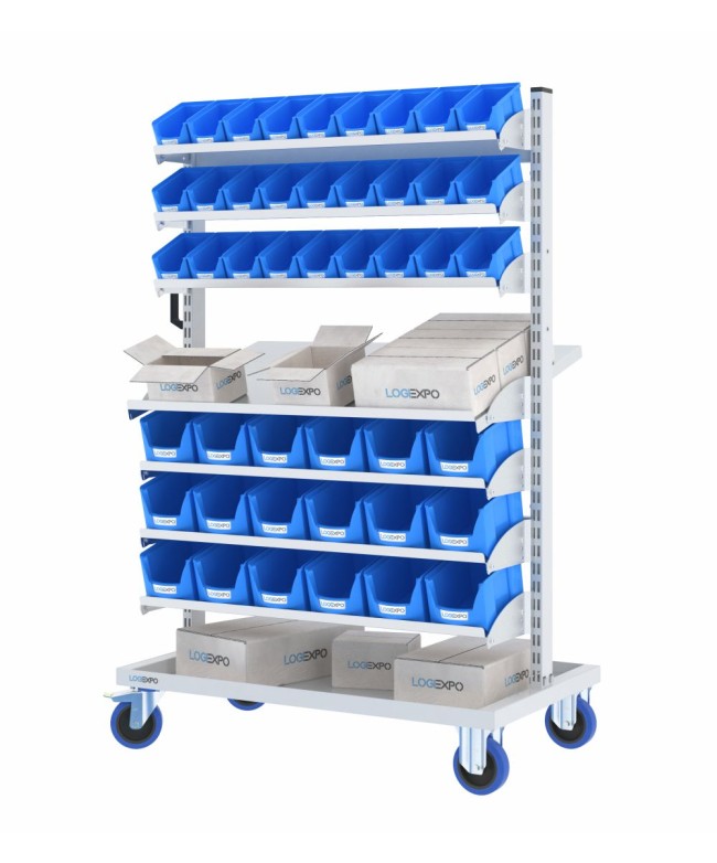 CARRELLO MINUTERIA con 45 cassette bocca di lupo e ripiani inclinabili