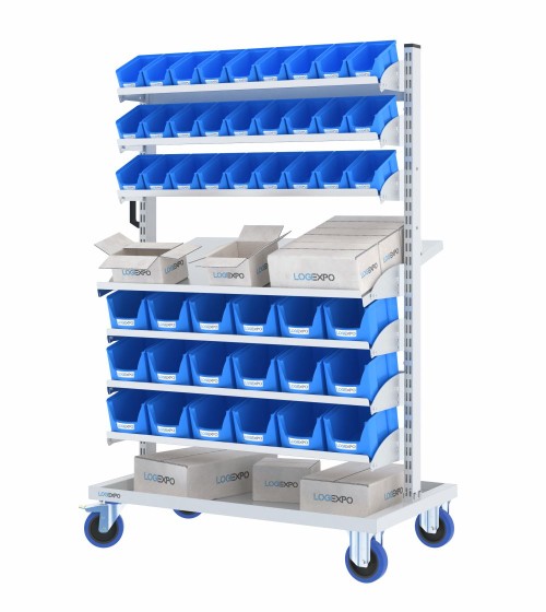 CARRELLO MINUTERIA con 45 cassette bocca di lupo e ripiani inclinabili