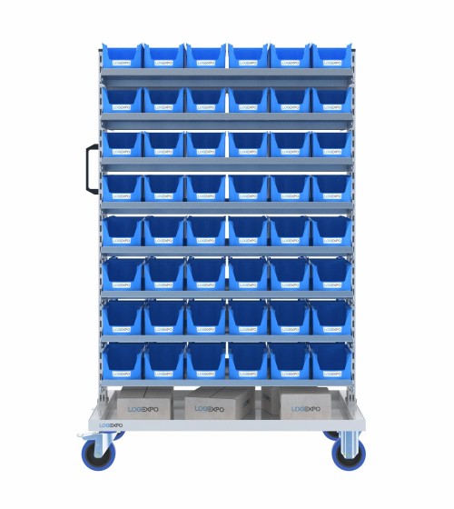 CARRELLO PER MINUTERIA PORTA CONTENITORI con 96 cassette bocca di lupo