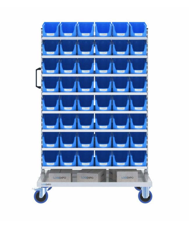 CARRELLO PER MINUTERIA PORTA CONTENITORI con 96 cassette bocca di lupo