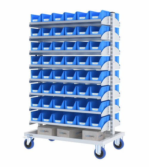 CARRELLO PER MINUTERIA PORTA CONTENITORI con 96 cassette bocca di lupo