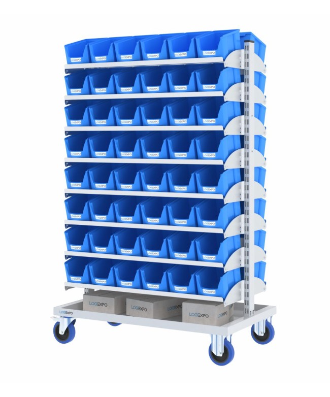 CARRELLO PER MINUTERIA PORTA CONTENITORI con 96 cassette bocca di lupo