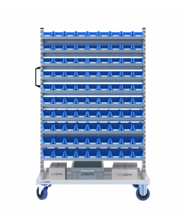 CARRELLO PER MINUTERIE con ripiani porta contenitori a bocca di lupo