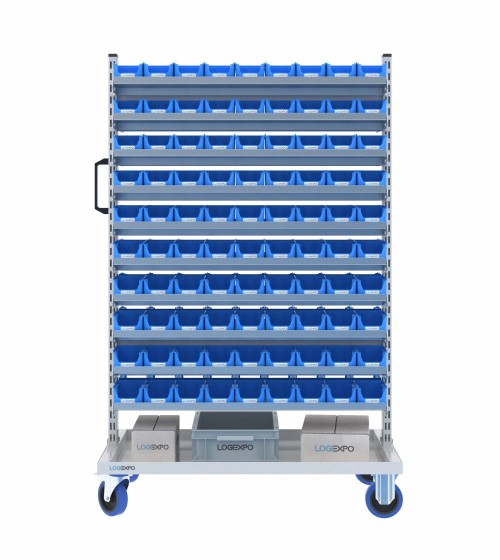 CARRELLO PER MINUTERIE con ripiani porta contenitori a bocca di lupo