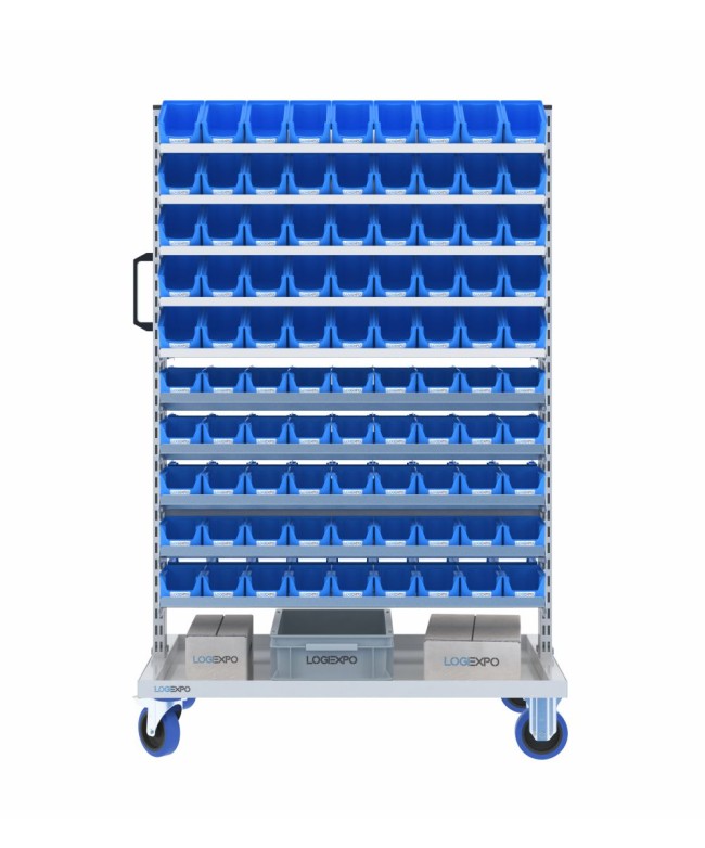 CARRELLO PER MINUTERIE con ripiani porta contenitori a bocca di lupo