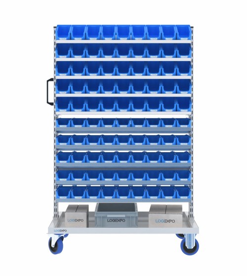 CARRELLO PER MINUTERIE con ripiani porta contenitori a bocca di lupo