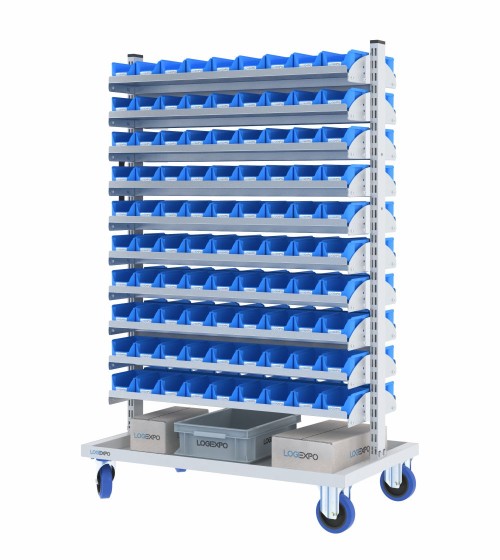 CARRELLO PER MINUTERIE con ripiani porta contenitori a bocca di lupo