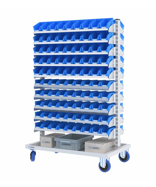 CARRELLO PER MINUTERIE con ripiani porta contenitori a bocca di lupo