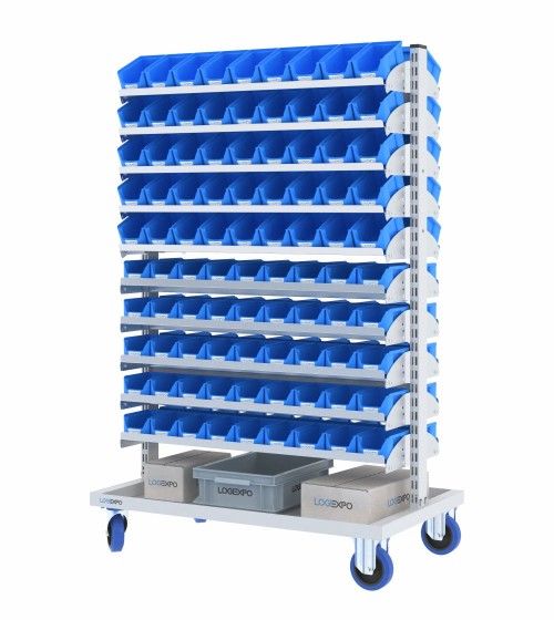 CARRELLO PER MINUTERIE con ripiani porta contenitori a bocca di lupo