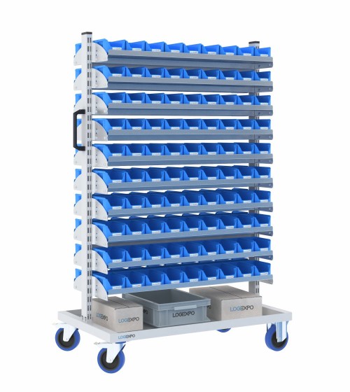 CARRELLO PER MINUTERIE con ripiani porta contenitori a bocca di lupo