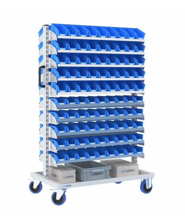 CARRELLO PER MINUTERIE con ripiani porta contenitori a bocca di lupo