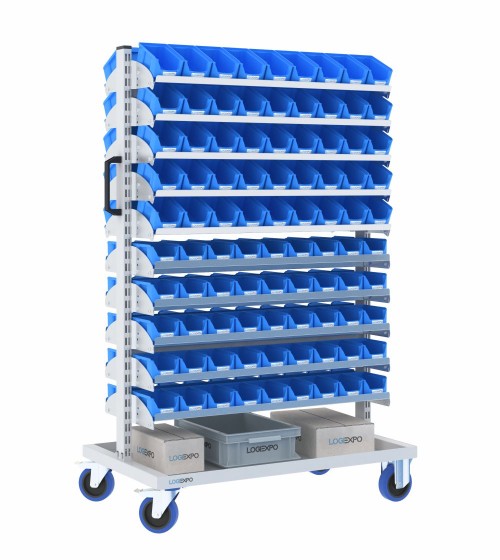 CARRELLO PER MINUTERIE con ripiani porta contenitori a bocca di lupo