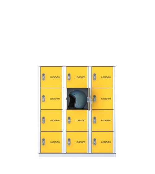Armadietto casellario con 12 vani porta caschi, borse e oggetti personali con ante gialle vista frontale