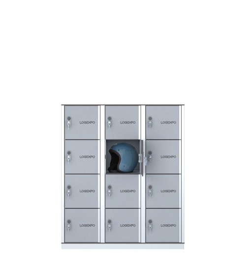 Armadietto casellario con 12 vani porta caschi, borse e oggetti personali con ante colore grigio vista frontale