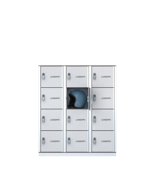 Armadietto casellario con 12 vani porta caschi, borse e oggetti personali con ante bianche vista frontale