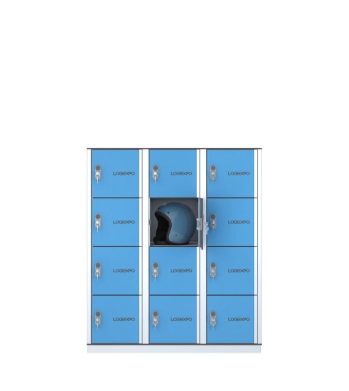 Armadietto casellario con 12 vani porta caschi, borse e oggetti personali con ante blu vista frontale