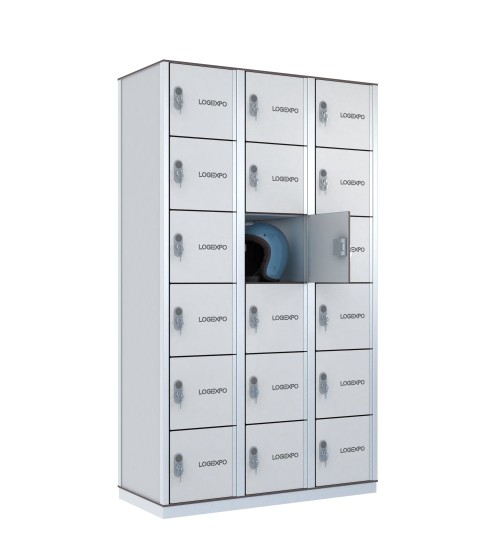 Armadio porta borse e zaini, casellario portacaschi con 18 posti ante bianche