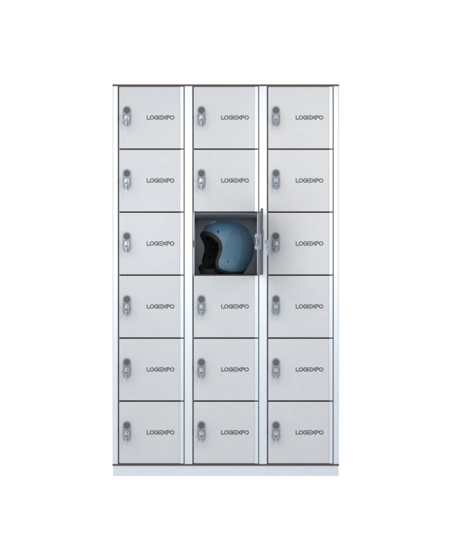 Armadio porta borse e zaini, casellario portacaschi con 18 posti ante bianche vista frontale