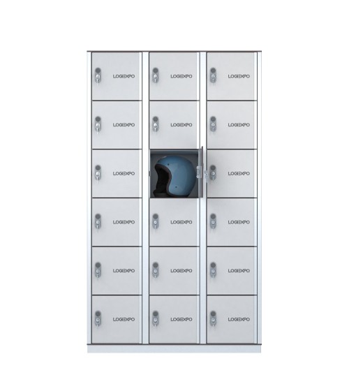 Armadio porta borse e zaini, casellario portacaschi con 18 posti ante bianche vista frontale