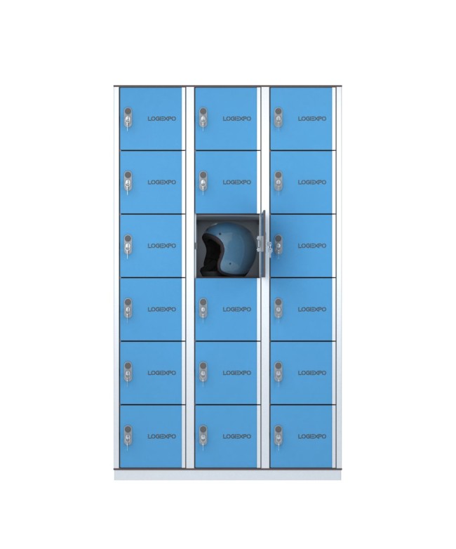 Armadio porta borse e zaini, casellario portacaschi con 18 posti ante blu vista frontale