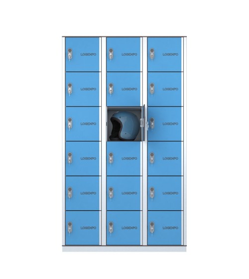 Armadio porta borse e zaini, casellario portacaschi con 18 posti ante blu vista frontale