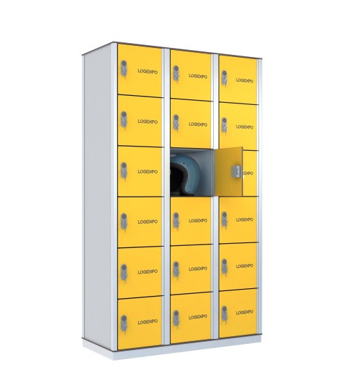 Armadio porta borse e zaini, casellario portacaschi con 18 posti ante gialle