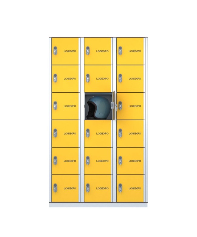 Armadio porta borse e zaini, casellario portacaschi con 18 posti ante gialle vista frontale