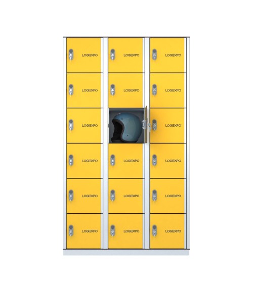 Armadio porta borse e zaini, casellario portacaschi con 18 posti ante gialle vista frontale