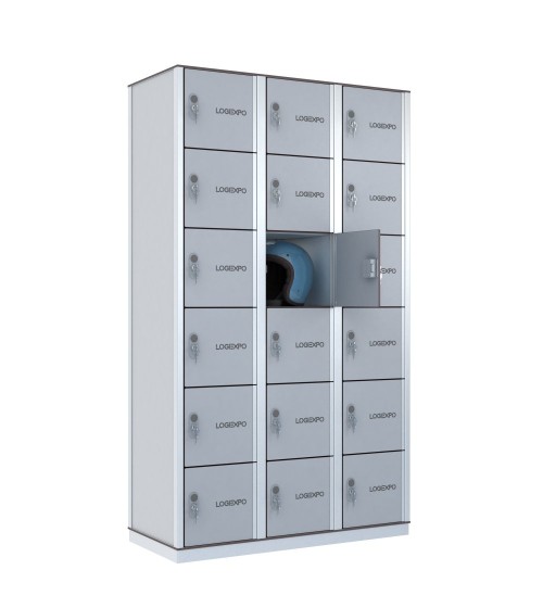 Armadio porta borse e zaini, casellario portacaschi con 18 posti ante grigie