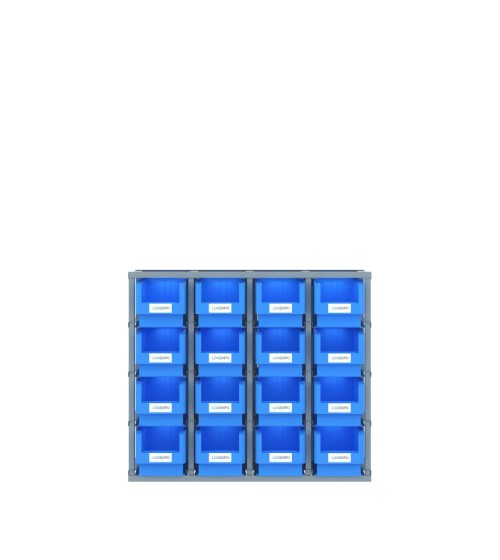 SCAFFALE MONOBLOCCO con 16 contenitori porta minuteria in plastica