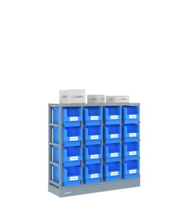 SCAFFALE PORTA MINUTERIA con 16 contenitori, zoccolo e top antipolvere