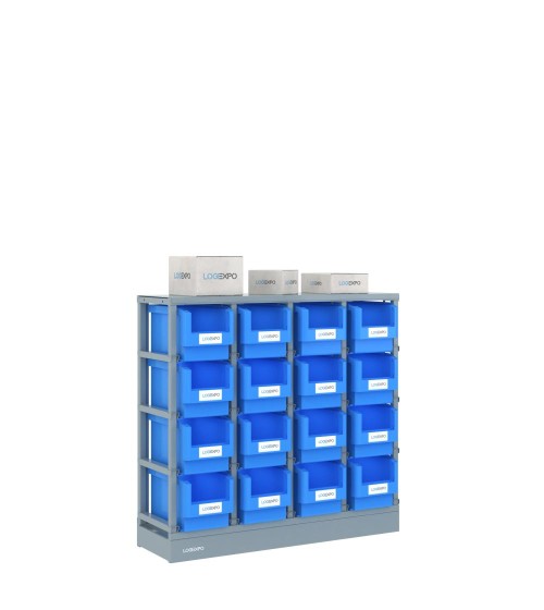 SCAFFALE PORTA MINUTERIA con 16 contenitori, zoccolo e top antipolvere