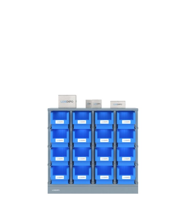 SCAFFALE PORTA MINUTERIA con 16 contenitori, zoccolo e top antipolvere