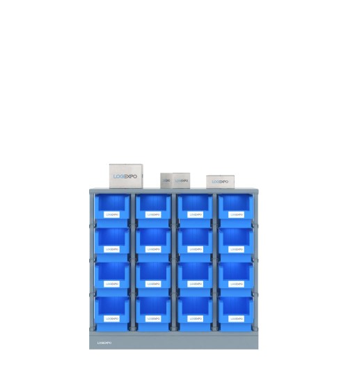 SCAFFALE PORTA MINUTERIA con 16 contenitori, zoccolo e top antipolvere