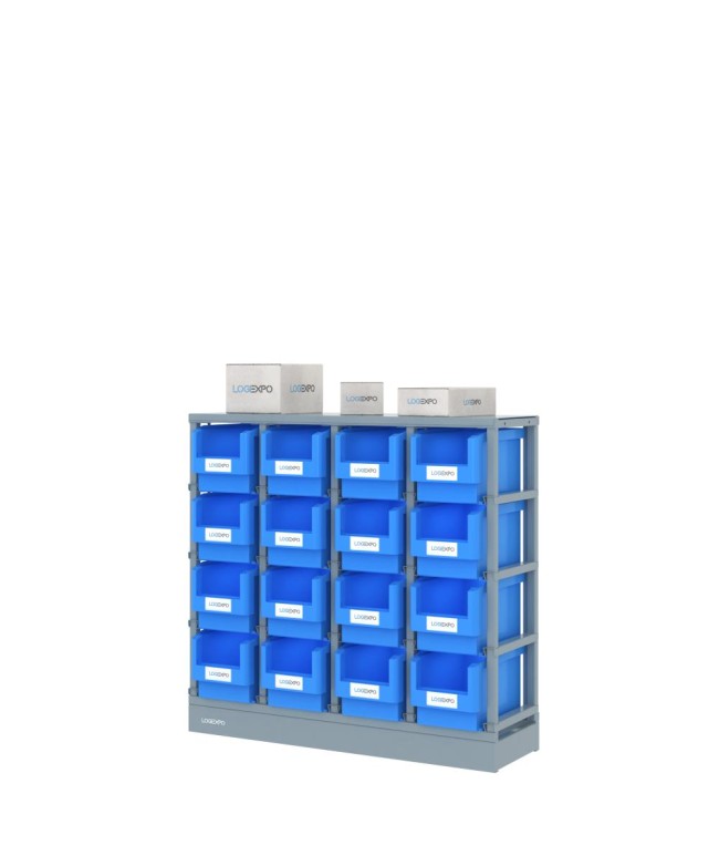 SCAFFALE PORTA MINUTERIA con 16 contenitori, zoccolo e top antipolvere