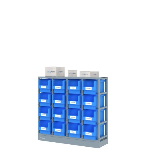 SCAFFALE PORTA MINUTERIA con 16 contenitori, zoccolo e top antipolvere