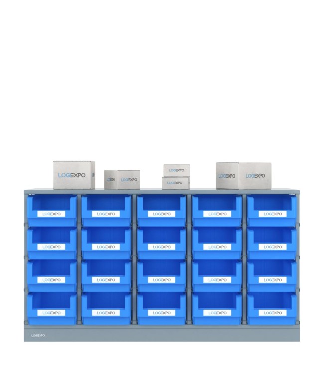 SCAFFALE MONOBLOCCO con 20 contenitori, zoccolo e top di protezione